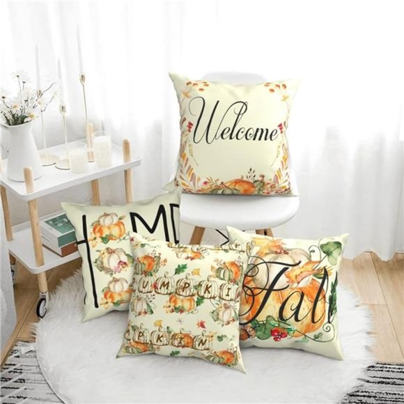 Set of 4 Thanksgiving Fall Pillow Covers Decorations 18x18 Inches - Picture 1 of 6